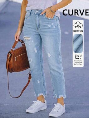 High-Rise Distressed Straight Leg Jeans for Women - Light Blue